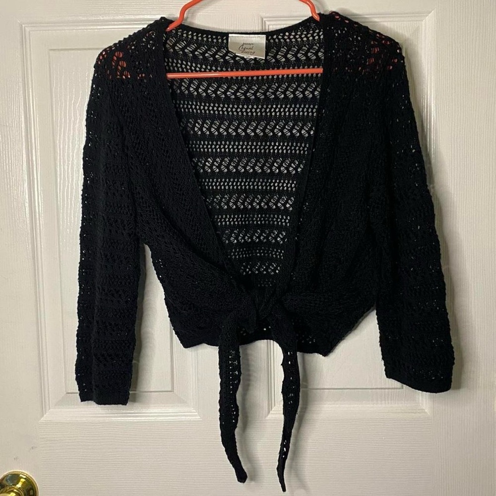Black Open-Knit Front Tie Women's Sweater